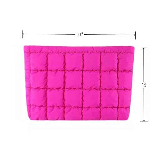 Soft Checkered Quilted Puffy Makeup Bag for Women, Aesthetic Puffer Cosmetic Bag Pouch for Purse (Hot Pink)