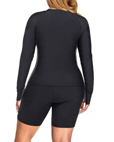 Daci Women Black 2 Piece Plus Size Long Sleeve Rash Guard Zip Front Athletic Bottom Tankini Swimsuits UPF 50 22 Plus