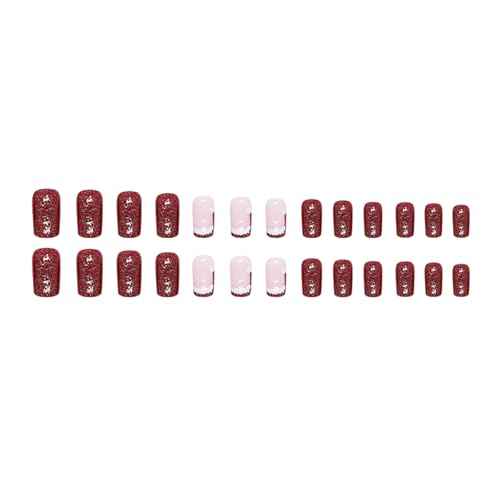 Press on Nails Short Square Christmas Fake Nails Tips Glossy Nails Red False Nails with Glue on Nails Stick on nails for Women and Girls