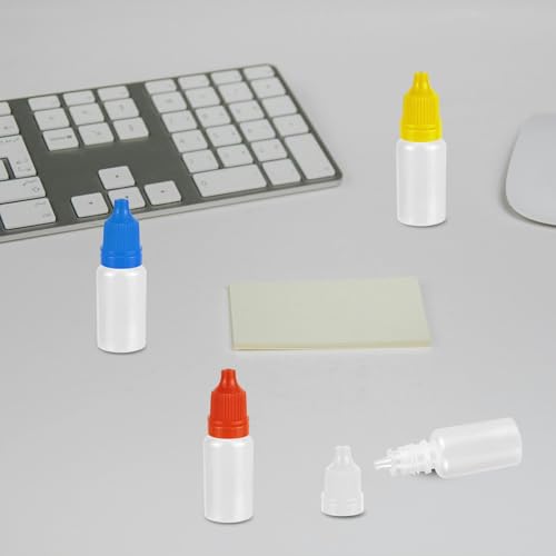 4 Pack Eye Dropper Bottles, 10 ML Plastic Travel Squeezable Empty Dropper Bottles with Caps and Plug (White,Red,Blue,Yellow)