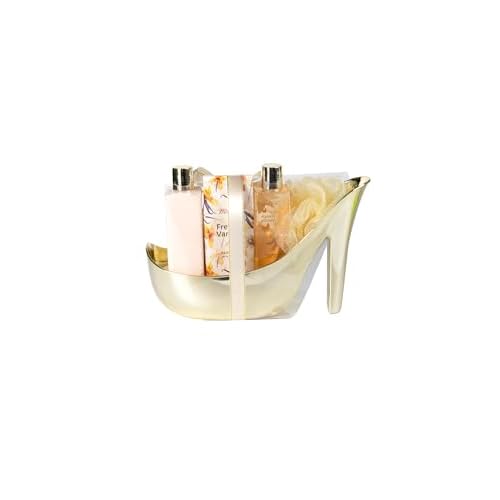 Freida & Joe Elegant 9-Piece Bath Set in High Heel Shoe ? Luxurious Spa Gift Basket for Women, Includes Shower Gel, Body Lotion, Bath Salts, Soap Flowers, Bath Fizzer & Sponge (French Vanilla)