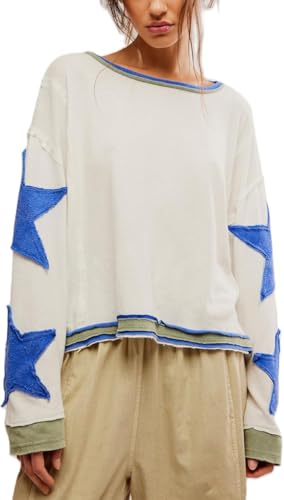 Apvirdy Y2K Tops Long Sleeve Star Tshirt Drop Shoulder Crop Sweatshirts Vintage Distressed Graphic Shirts Streetwear