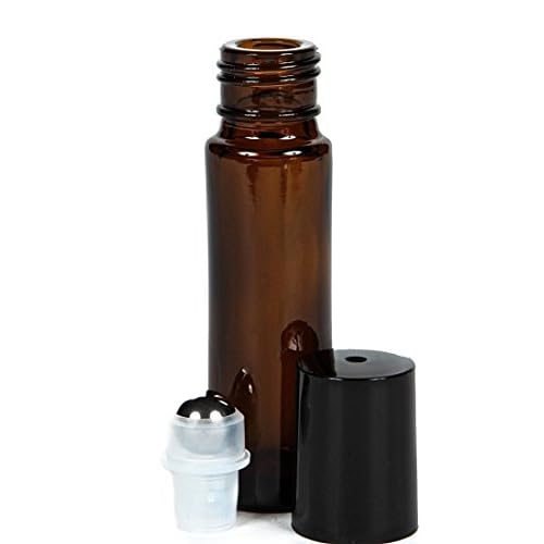 Vivaplex, 24, Amber, 10 ml Glass Roll-on Bottles with Stainless Steel Roller Balls. 3-3 ml Droppers included