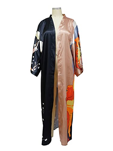 Famnbro Women's Floral Print Satin Robe Kimono Cardigan Open Front Long Cover Ups Outerwear One Size
