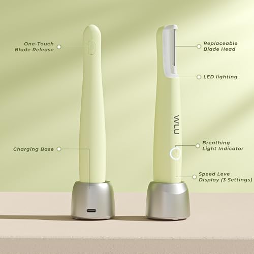 Dermaplane Razor for Women Face, WLU Rechargeable Face Dermaplaning Tool ? Peach Fuzz, Facial Hair & Exfoliation Removal, Sonic Technology with LED Light, 3 Speeds & 10 Blades (Green)