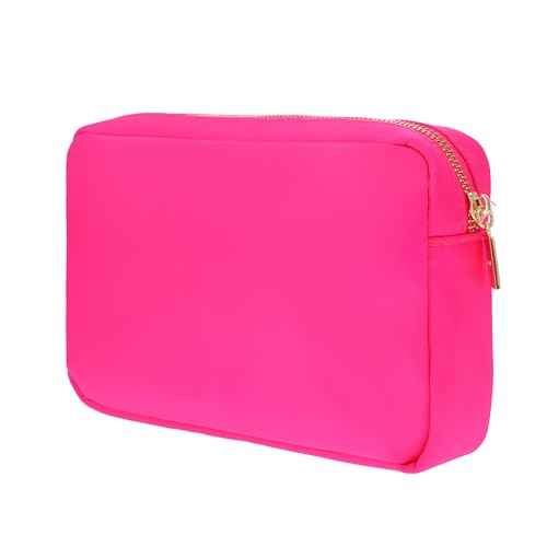 BLOC Bags Travel Makeup Bag, Cosmetic Bags for Women, Medium Cute Toiletry Bag, Make up Bag, Beauty Bag with Chenille Patch and Top Zipper, Inside Zipper Pouch and Mesh Pockets (White Heart, Hot Pink)