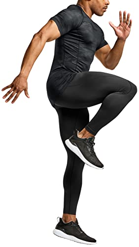 ATHLIO Men's Cool Dry Short Sleeve Compression Shirts, Sports Baselayer T-Shirts Tops, Athletic Workout Shirt, 3pack Tops Black/Urban Camo Black/White, Medium