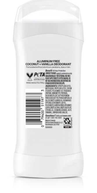 Suave Aluminum-Free Deodorant for Women - Coconut & Vanilla Scent | 48-Hour Odor Protection, 2.6 oz (Pack of 12)