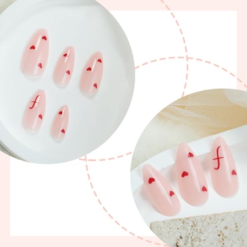 24Pcs Heart Press on Nails Medium Almond Fake Nails Valentines Glue on Nails Nude Pink Full Cover False Nails Red Love Hearts Artificial Acrylic Nails Stiletto Stick on Nails for Valentines Nails
