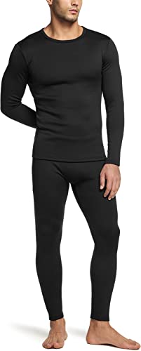 TSLA Men's Thermal Underwear Set, Microfiber Soft Fleece Lined Long Johns, Winter Warm Base Layer Top & Bottom, Heavyweight Fleece Black, Large
