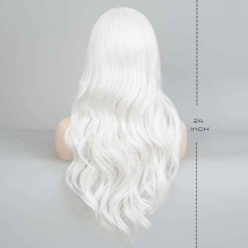 White Cosplay Wigs for Women Long Curly Wavy Middle Part Wig Heat Resistant Fibre Hair Wig for Halloween Costume Party Use