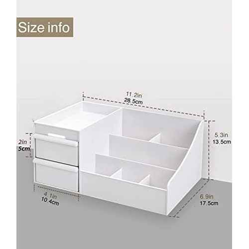 Makeup Desk Organizer with Drawers, Countertop Organizer for Cosmetics, Vanity Holder for Lipstick, Brushes, Lotions, Eyeshadow, Nail Polish and Jewelry (White)