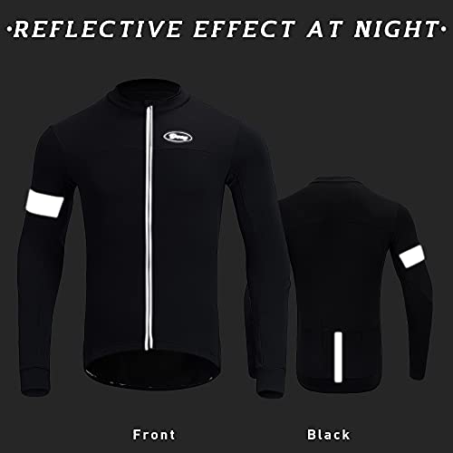 Dooy Men's Cycling Bike Jersey Winter Thermal Biking Shirt Long Sleeve Bicycle Jacket with Full Zipper and Rear Pockets(Black,XL)