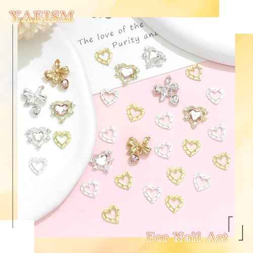 Heart Nail Charms 3D 30PCS Crystal Bow Nail Charms Gold Silver Heart Charms for Nails Crystal Nail Gems and Rhinestones for Nail Art and DIY Crafts Decoration