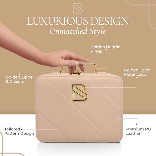 BAREZ Premium PU Leather Makeup Bag With LED Mirror - 3 Brightness Mirror Light Settings - Adjustable Dividers - Removable Mirror Waterproof Cosmetic Travel Bag (Nude)