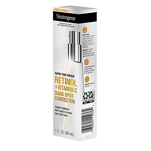 Neutrogena Rapid Tone Repair Retinol + Vitamin C Dark Spot Corrector Face Serum, Daily Anti-Wrinkle Dark Spot Corrector to Brighten & Even Tone, Mineral-Oil & Dye-Free, White, 1 oz