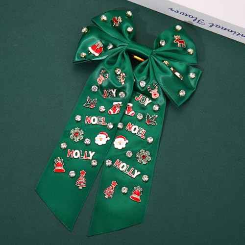 Christmas Hair Bow Clip Christmas Snowflake Tree Reindeer Santa Claus Crystal Embellished Hair Bow Barrettes Xmas Winter Holiday Big Bow Hairpin Accessories Gift (green Christmas bow)