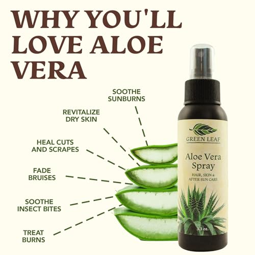 Green Leaf Naturals Aloe Vera Spray | 99% Cold-Pressed Aloe Vera Juice with Vitamin C, E & A | Hair, Skin, Facial Moisturizer, Sunburn Relief & After Sun Lotion 8oz