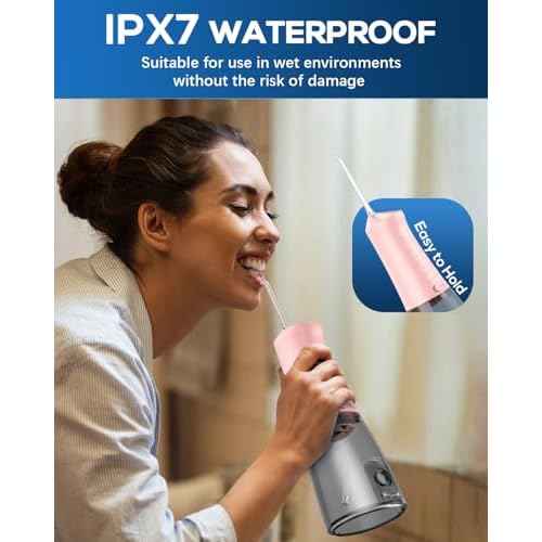 JTF Water Dental Flosser Picks for Teeth - 4 Modes Cordless Oral Irrigator, 300ML Portable Water Flosser & Rechargeable IPX7 Waterproof Water Teeth Cleaner for Home Travel with 9 Jet Tips (Pink)
