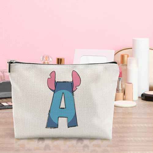 LONGXIN Cute Cartoon Gifts Initial Personalized Makeup Bag Monogrammed Cosmetic Bags Small Makeup Pouch Birthday Christmas Gifts for Women Girls (A)