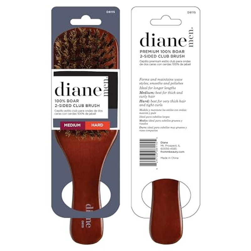 Diane Premium 100% Boar Bristle 2-Sided Club Brush for Men and Barbers, Medium and Firm Bristles for Thick Coarse Hair, Detangling, Smoothing
