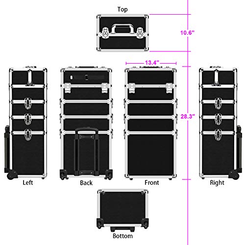 OUDMAY Makeup Train Case 4 in 1 Professional Cosmetics Rolling Organizer Aluminum Frame and Folding Trays