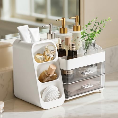 Delamu Makeup Organizer Countertop, Spacious Cosmetic Display Case with Makeup Brush Holder, Perfect Vanity Bathroom Organizer and Storage, Ideal Christmas Gifts for Women Girls, White