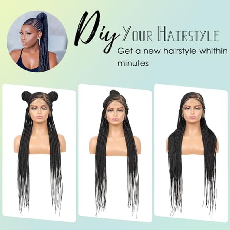 13x8 Inch HD Lace Front Cornrow Braided Wigs For Women Box Braid Wig With Baby Hair Back Lemonade Braids 36" Black Premium Synthetic Box Braided Wig Transparent Lace Front Braids Wigs