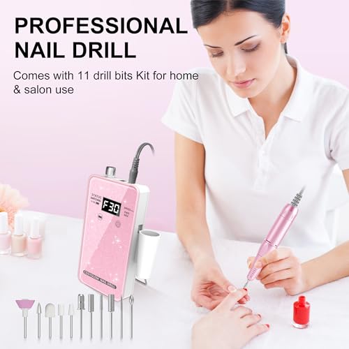 Professional Electric Nail Drill File:COSYGLOW Glitter Portable Cordless E-File Nail Drill Kit with 11 Drill Bits,30000 RPM Rechargeable Nail Drills Machine for Acrylic Nails Gel Polishing (Pink)