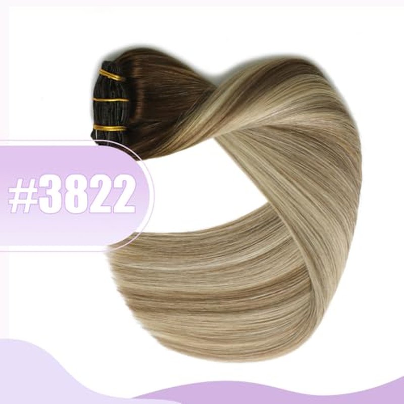 Sindra Clip in Hair Extensions Real Human Hair 18Inch Balayage Dark Brown Ombre Light Brown Blonde Hair Extensions Real Human Hair Clip ins Remy Straight For Woman 120G 6Pcs(clip#3/8/22 18inch)