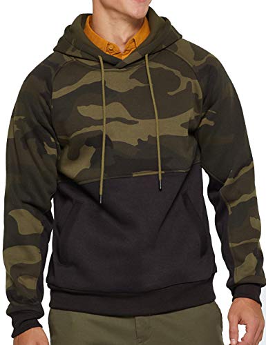 DUOFIER Mens Active Gym Camouflage Fleece Pullover Hooded with Kangaroo Pocket, Camo Black-XL