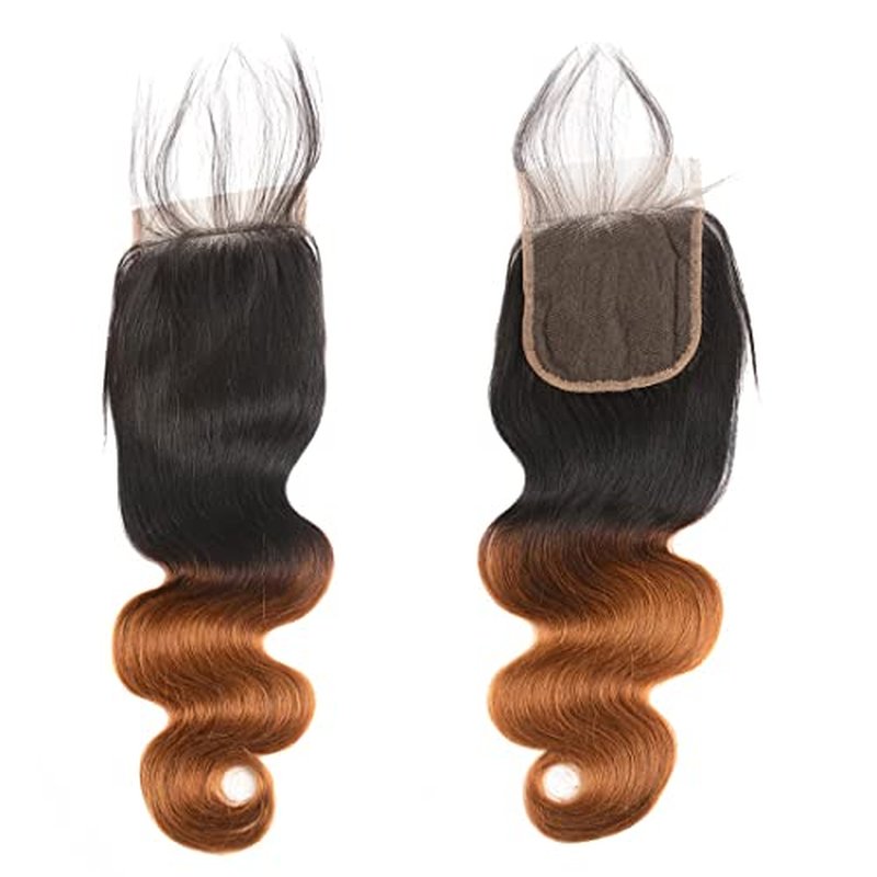 Ombre Human Hair Bundles with Closure Body Wave 3 Bundles 1B/30 Brazilian Virgin Human Hair Two-tone Dark Root with 4x4 Lace Closure(T1B/30, 16 18 20 +14)