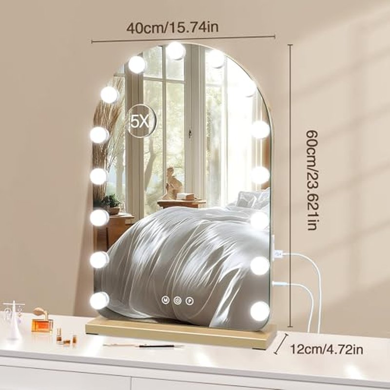 Vanity Mirror with Lights, 15.7" x 23.6" Hollywood Lighted Makeup Mirror with 15 Dimmable LED Bulbs for Dressing Room Bedroom Gold