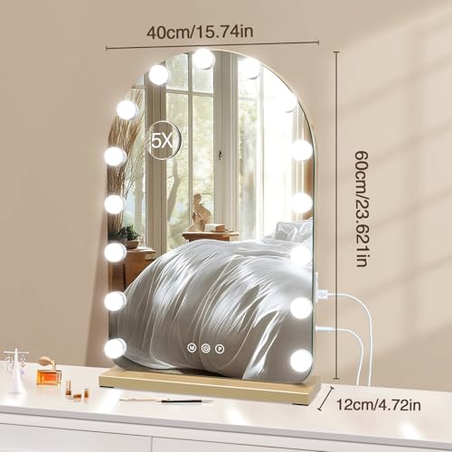 Vanity Mirror with Lights, 15.7" x 23.6" Hollywood Lighted Makeup Mirror with 15 Dimmable LED Bulbs for Dressing Room Bedroom Gold