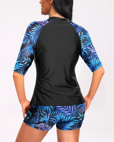 Holipick Blue Tropical Women 2 Piece Rash Guard Short Sleeve Swimsuit with Shorts Full Zipper SPF Swim Shirts M