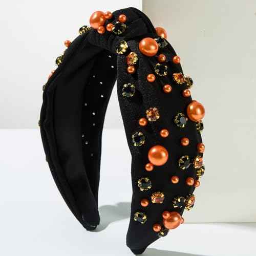 Halloween knotted Headband for Women Fashion Black Rhinestone Pearl Headband Hair Accessory, Costume Party Outfits Gifts