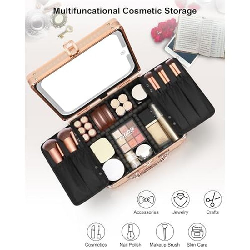Relavel Makeup Bag with LED Mirror, Makeup Box Travel Train Case with Rechargeable Lighted Mirror, Cosmetic Brush Organizer Storage for Makeup Artists Gifts for Women and Girls, Rose Gold