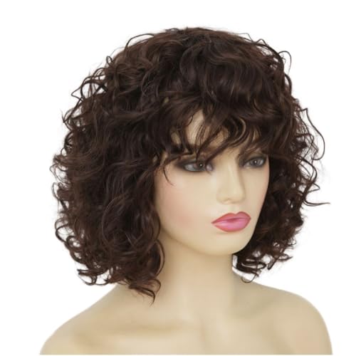 Kaneles Short Brown Curly Wig Womens Bob Wig with Bangs Shoulder Length Naturel Hair Wigs for Daliy Party Halloween Use