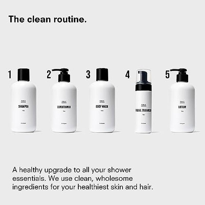 Public Goods Shower Essentials for Men and Women | Natural Shampoo, Conditioner & Body Wash | Made with Organic Essential Oils | Sulfate & Paraben Free | Vegan Friendly | 12 Fl Oz Bottles