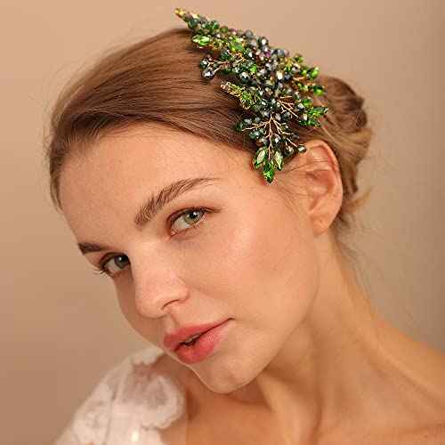 Green Crystal Rhinestone Hair Comb, Handmade Fashion Jewelry Hair Accessory for Women and Girls, Teardrop Rhinestone Headband with Green Beads, Size 15*10CM, Ideal for Wedding and Parties