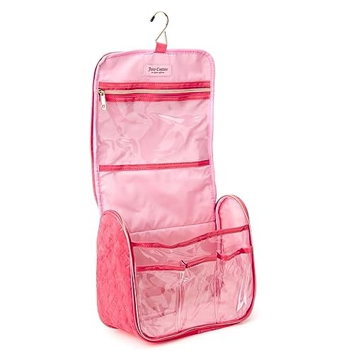 Juicy Couture Pink Makeup Bag Cosmetics Organizer Travel Essentials Hanging Hook Velour Logo