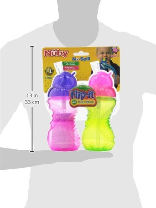 Nuby 2-Pack No-Spill Flip-It Cups, 10 Ounce, Colors May Vary
