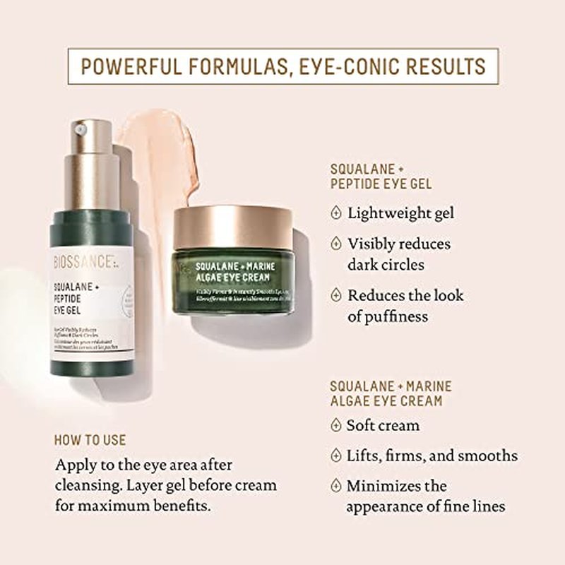 BIOSSANCE Squalane and Marine Algae Eye Cream - Anti-Aging Under Eye Cream for Fine Lines, Wrinkles, and Puffiness - Hydrating & Lifting Formula with Hyaluronic Acid and Paracress Extract - 0.5 Ounce