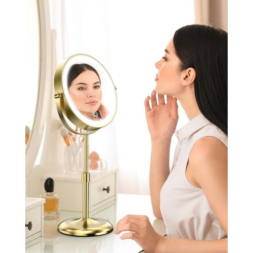Benbilry Lighted Makeup Mirror with 3 Color Lights & 10X Magnification, Adjustable Brightness & Height, 7 Inch 360¡Æ Swivel Rechargeable 10X LED Magnifying Vanity Mirror with Light, Gold