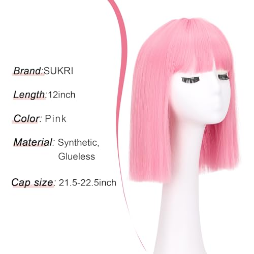 SUKRI Pink Bob Wig With Bangs - Short Straight Bob Bangs Wig, 12Inch Heat Resistant Synthetic Hair, Natural Looking For Daily Party Use