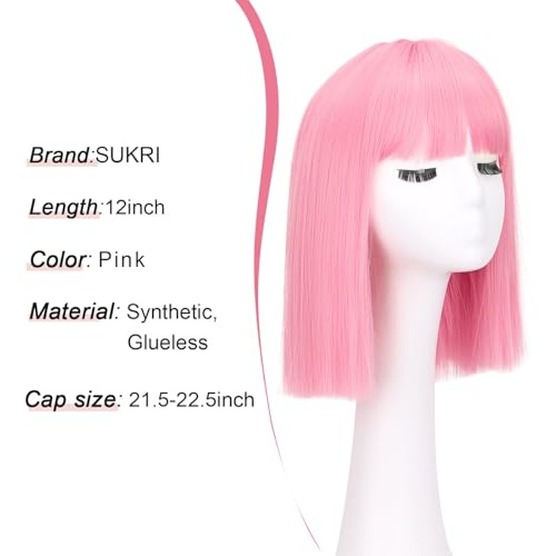 SUKRI Pink Bob Wig With Bangs - Short Straight Bob Bangs Wig, 12Inch Heat Resistant Synthetic Hair, Natural Looking For Daily Party Use