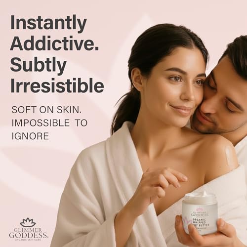 Glimmer Goddess Organic Whipped Body Butter for Women - Moisturizer Cream with Shea & Cocoa Butter, Almonds & Coconut Oil - Unscented, 8oz