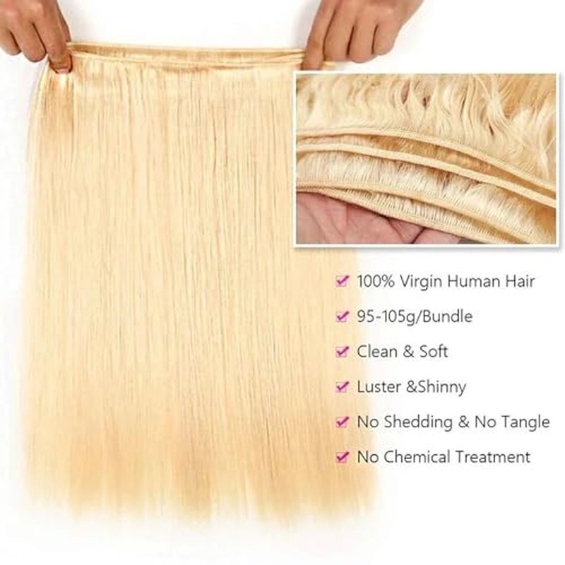 613 Color 3Bundles Human Hair Real Straight Human Hair Extensions Light Blonde Color 3Bundles Human Hair Bundles Enough to full head (161820 Inch)