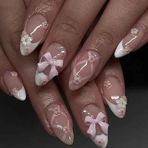 Almond Press on Nails White French Tip Fake Nails 3D Flower Pink Bow Nail Designs Luxury Acrylic Artificial Nails Full Cover False Nails French Natural Fit Stick on Nails for Women 24Pcs