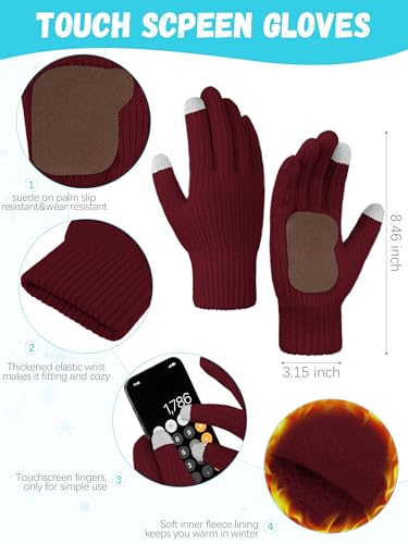 Winter Hat Scarf Gloves Set,Fleece Lined Pom Pom Beanie Hat Warm Knit Long Scarf Touchscreen Gloves Winter Gifts for Women Burgundy